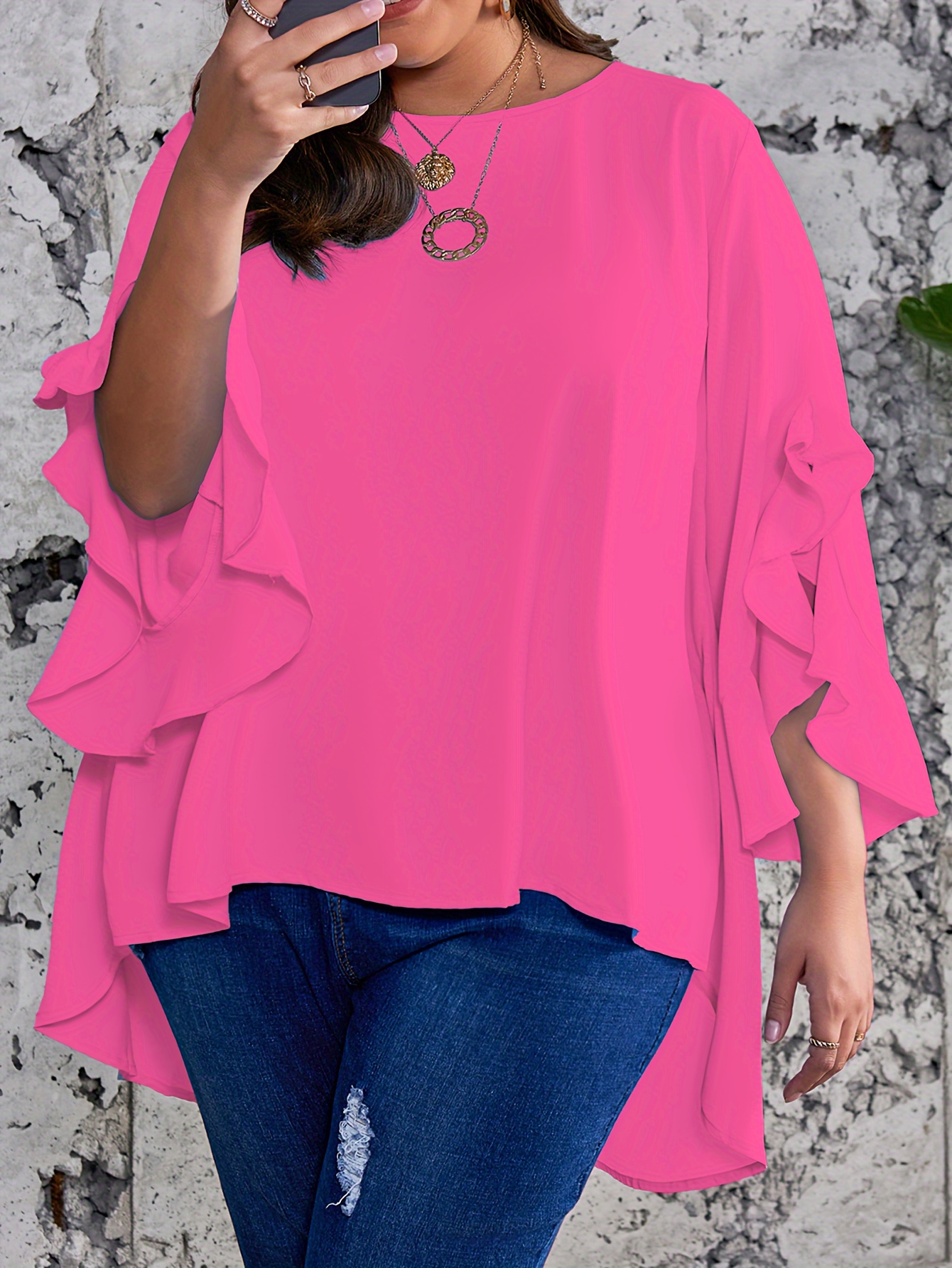 Plus Size Solid Ruffle Sleeve Blouse, Casual Crew Neck Irregular Hem Blouse For Spring, Women's Plus Size?Clothing