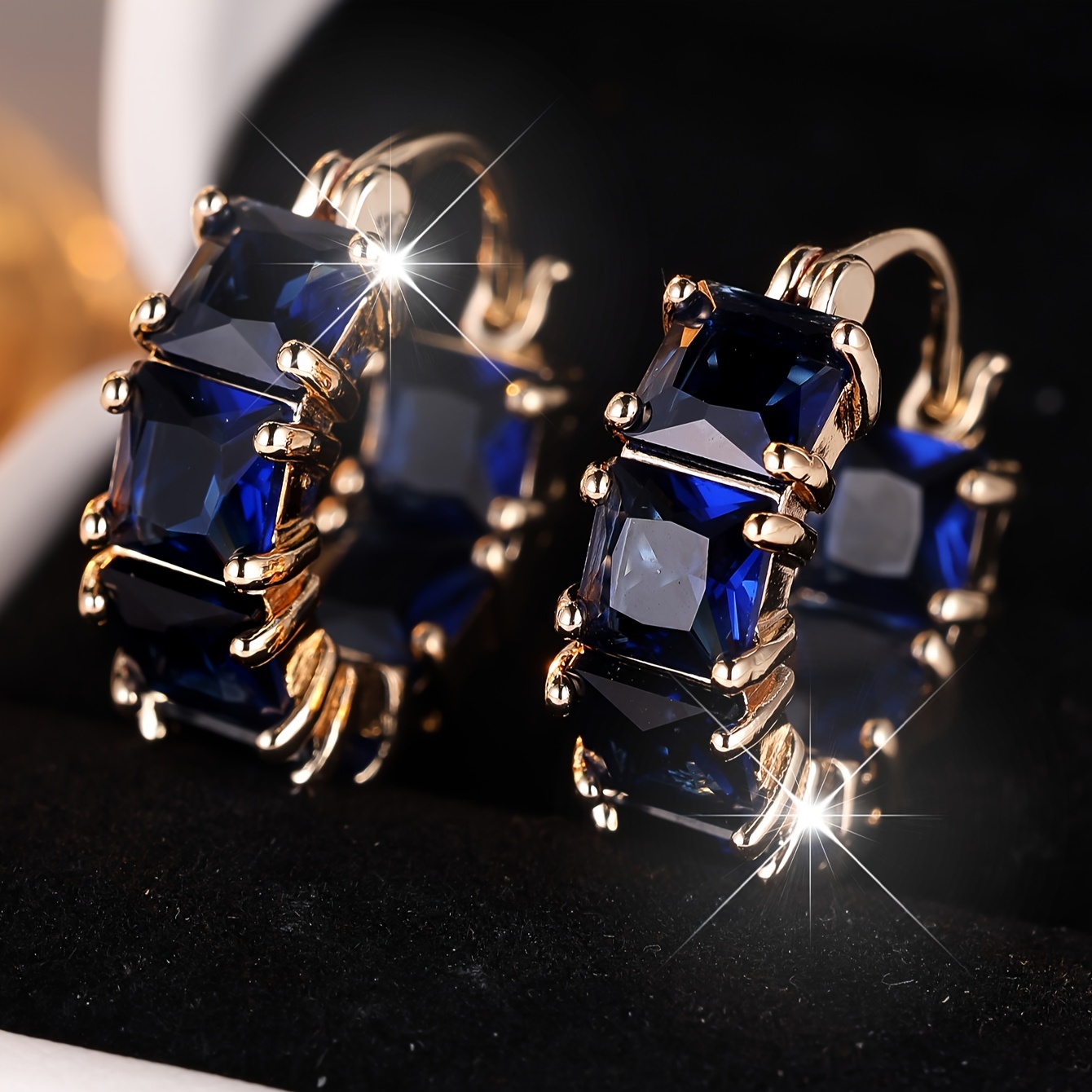 

Elegant Princess Square Treasure Blue Synthetic Zirconia Copper Earring Clip Earrings, Luxury Party Holiday Women's Earrings For All