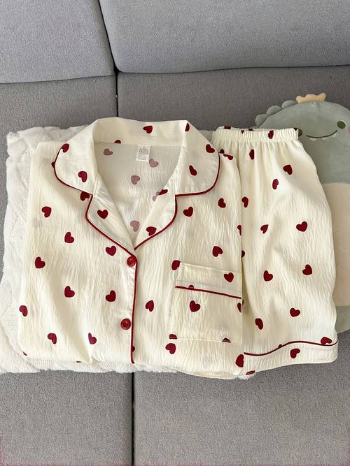 womens 2pcs pajama set autumn heart print short sleeve top and shorts sweet and cute suitable for outdoor wear home loungewear set 2pcs set for spring autumn and summer lightweight room wear apricot color