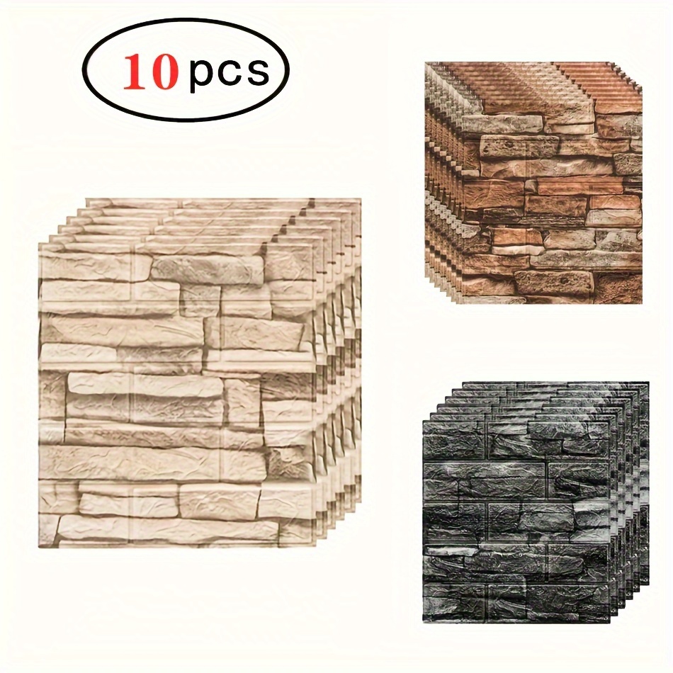 

10pcs Vinyl 3d Brick & Wood Style Wallpaper - Detachable Self-adhesive Foam Wall Stickers, Waterproof, Easy Installation, Random Match Pattern For Living Room Bedroom