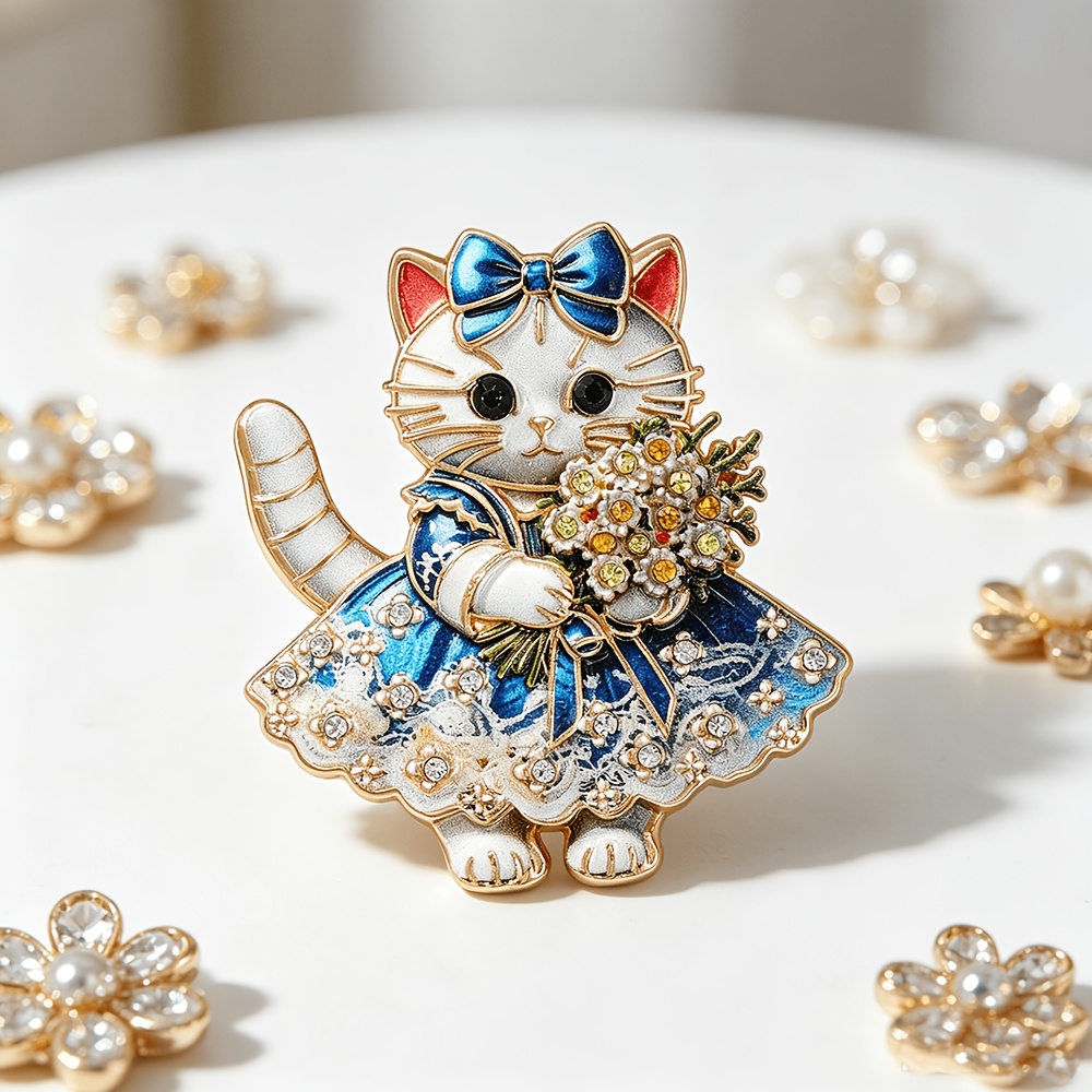 TEMU Broche en émail Chat avec Robe Mignonne, Épingle Chat avec Bouquet, Accessoire de Mode Cadeau Adapté aux Robes, Manteaux et Costumes