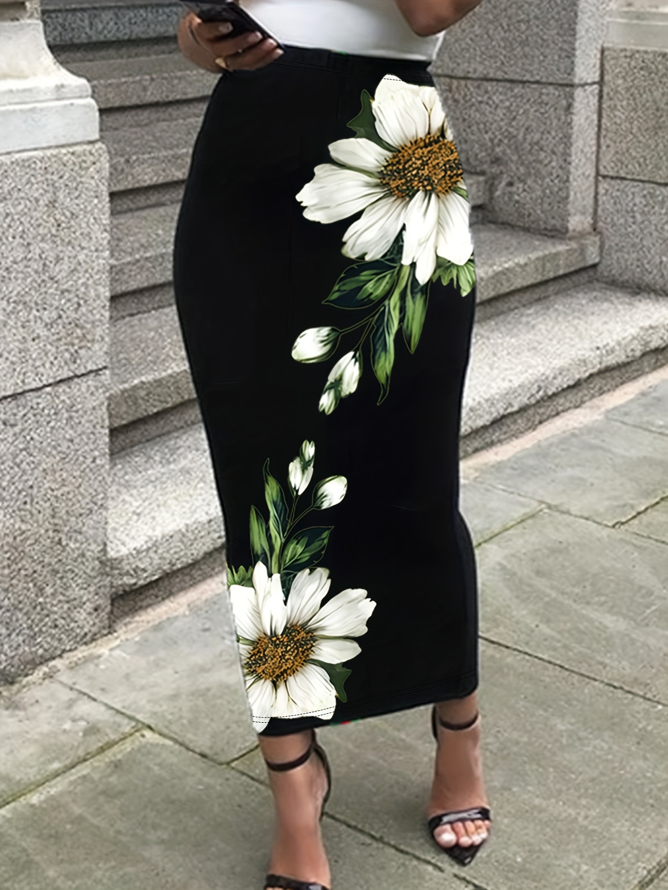 Floral Print Black Flower Skirt Outfit Elegant Black Daisy Print