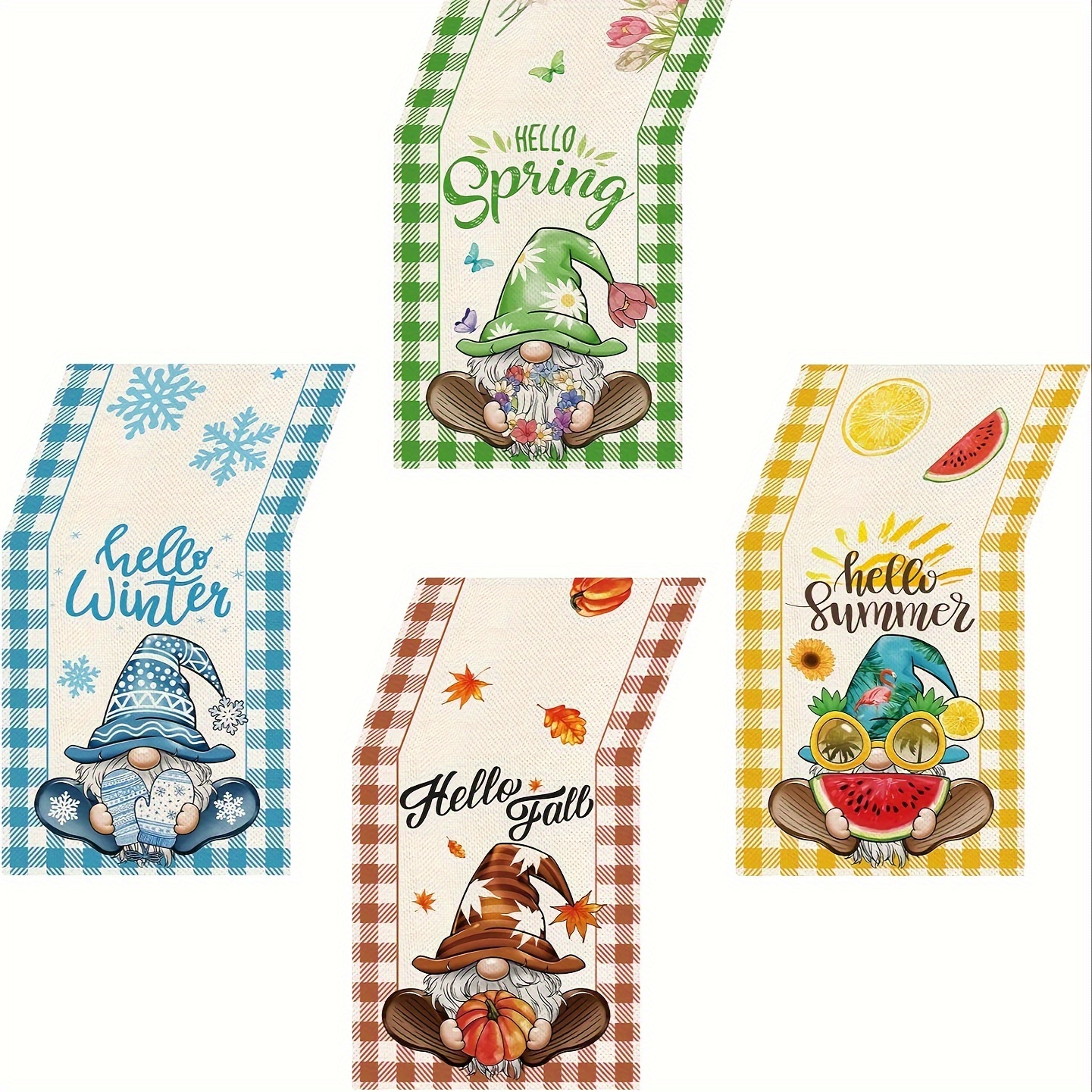 TEMU 4 ks, sada běhounů na stůl, běhouny na stůl sezónní skřítka, kostkovaný sváteční ", Summer, Fall, Winter" polyesterový ubrus pro kuchyňskou