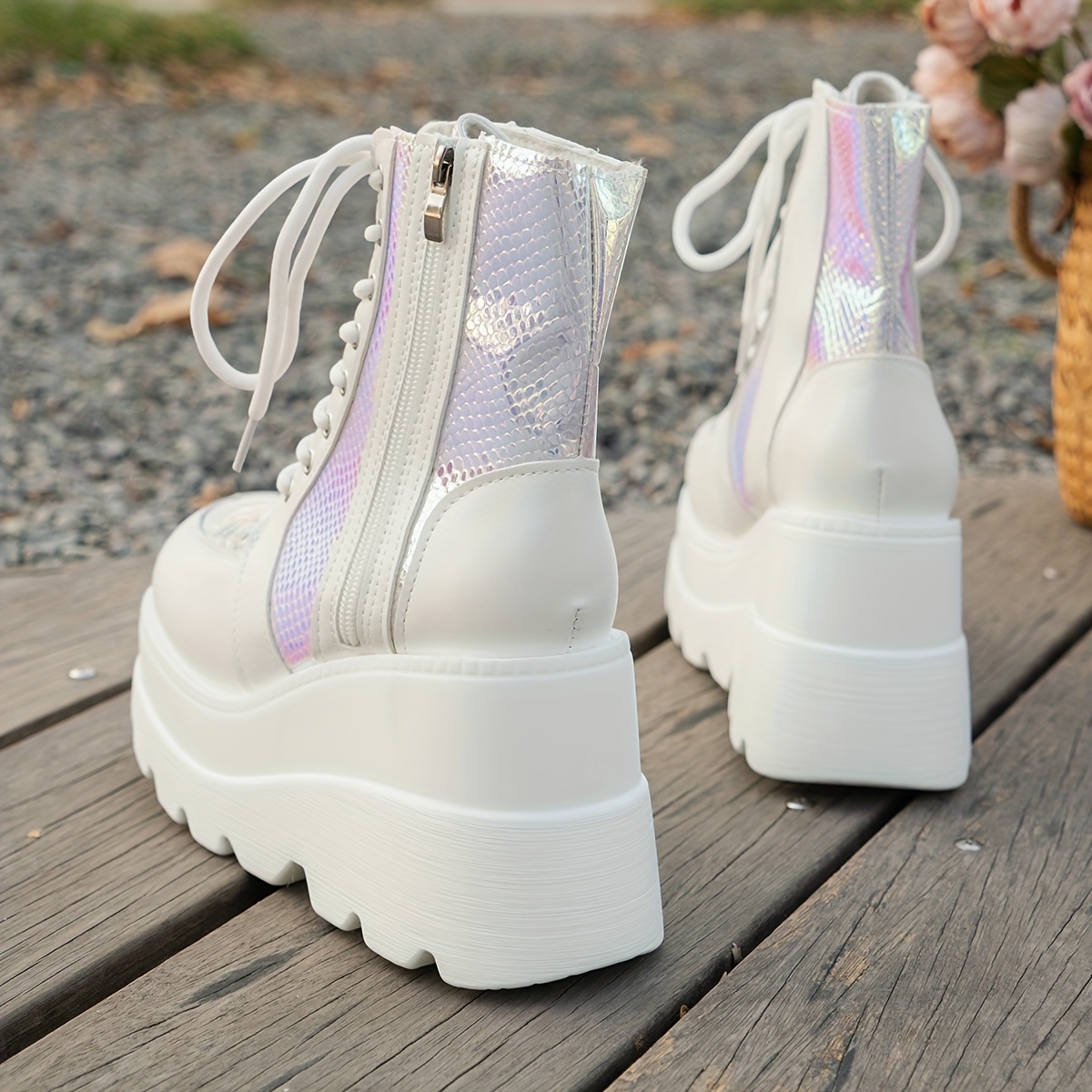 Women'S Chunky Heel Ankle Boots with Zipper Stylish White Platform Short  Boots with Colorful Design for Casual or Dressy Outfits