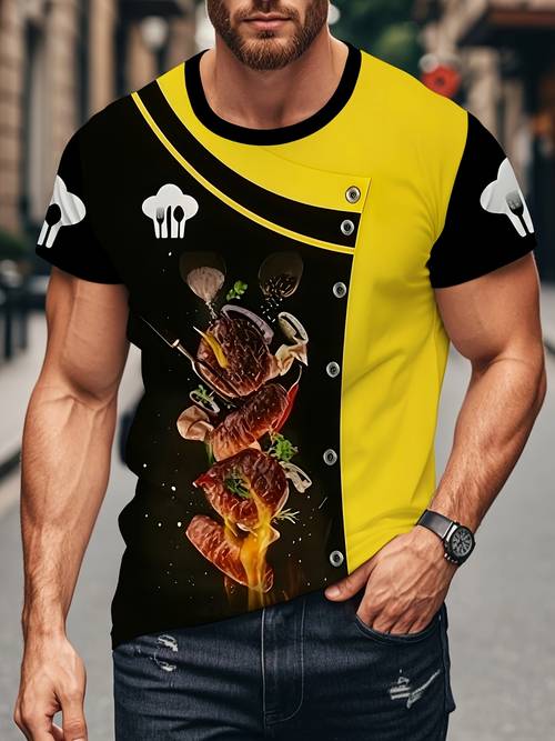item picture printed design not textured mens and womens chef uniform and black flame steak print short sleeve durable machine washable restaurant hotel cooking enthusiast gear in multiple size