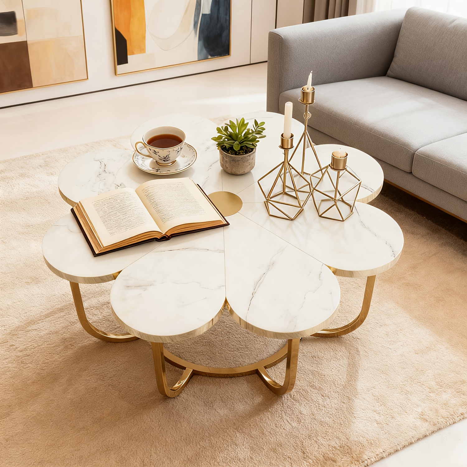 Modern Decorative Table in White And Golden, Shaped Like a Petal, for The Central Area of The Living Room