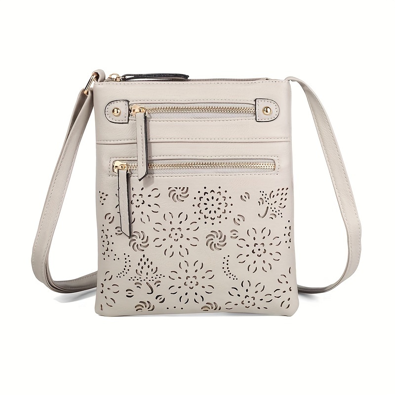 

Women's Cut-out Floral Pattern Shoulder Bag With Dual Zip Compartments, Casual Crossbody Purse