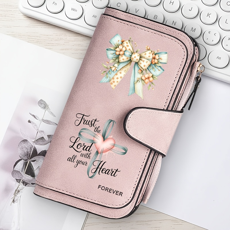 TEMU Cross Heart Love Faith Quote Floral Bow Women's Long Wallet, Large Capacity Multi-card Slot Anti-demagnetization Zipper Wallet, Vintage Clutch,