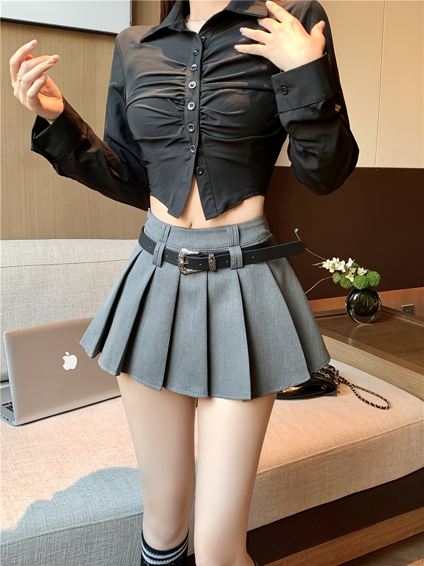 Spice Style A-Line Skirt Pleated Skirt Skirt Women'S Belt New High Waist Thin Anti-Light Versatile Skirt