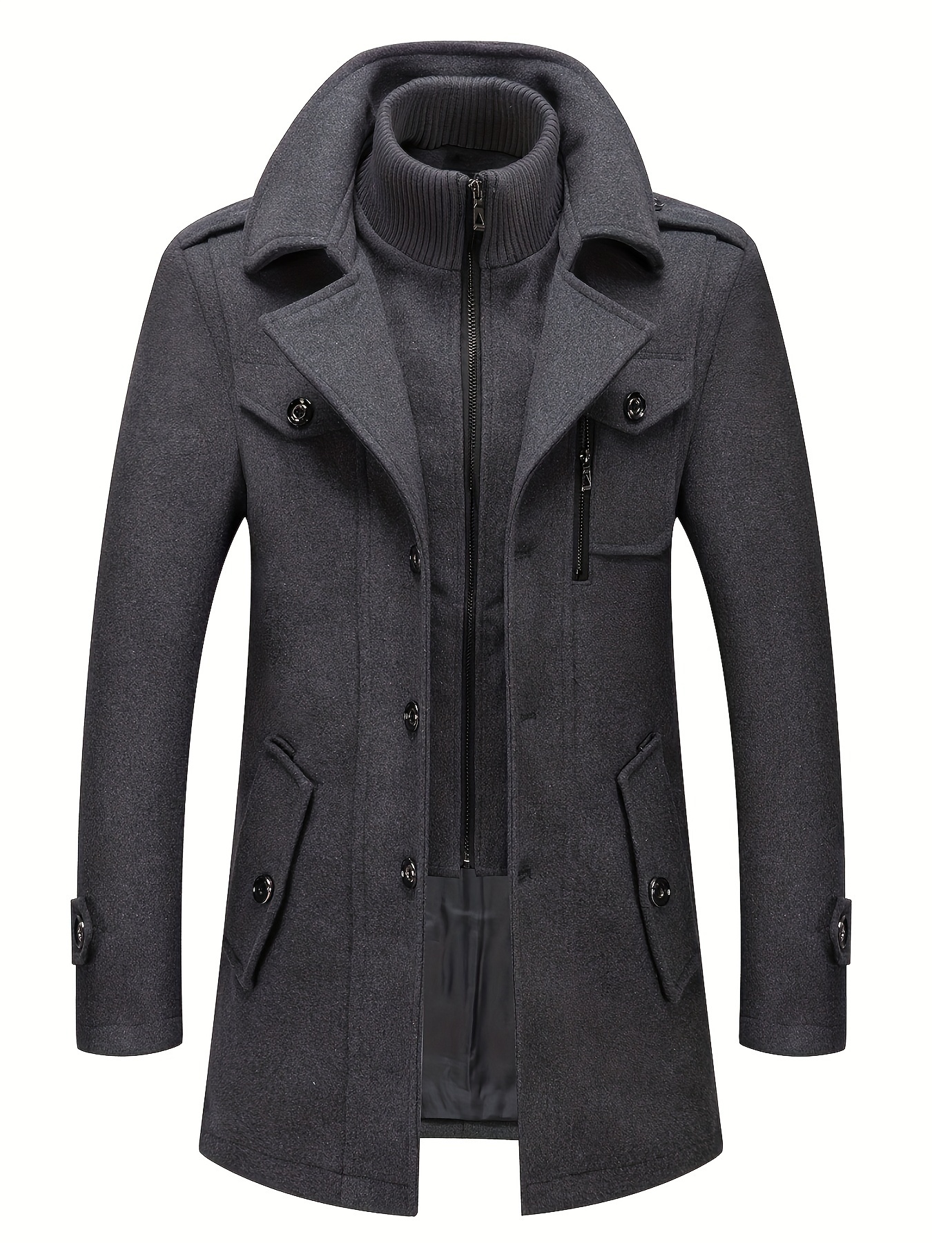 Men's Stand Collar Fleece Blend Single Breasted Pea Coats with Removable Inner Collar Overcoat