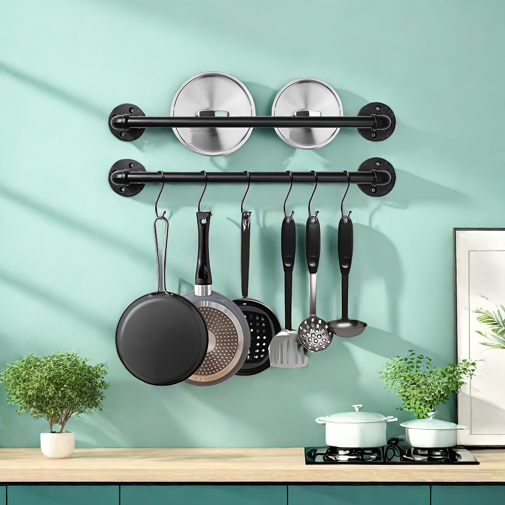 

21 Inch Pot Pan Bar Rack Wall Mounted Set Of 2 With 10 Hooks Industrial Pipe Pot Pan Hanger Rustic Iron Pan Hanging Rail Pipe Towel Holder Kitchen Utensil Organizer Black