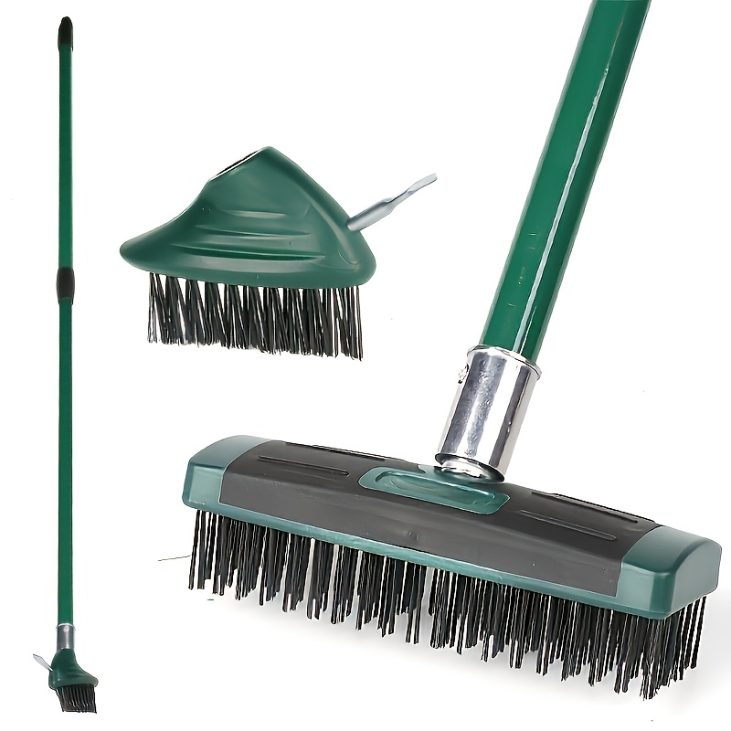 TEMU Brosse de désherbage multifonctionnelle 3-en-1 en métal avec long manche télescopique pour béton, terrasses, carrelage, mousse et taches tenaces