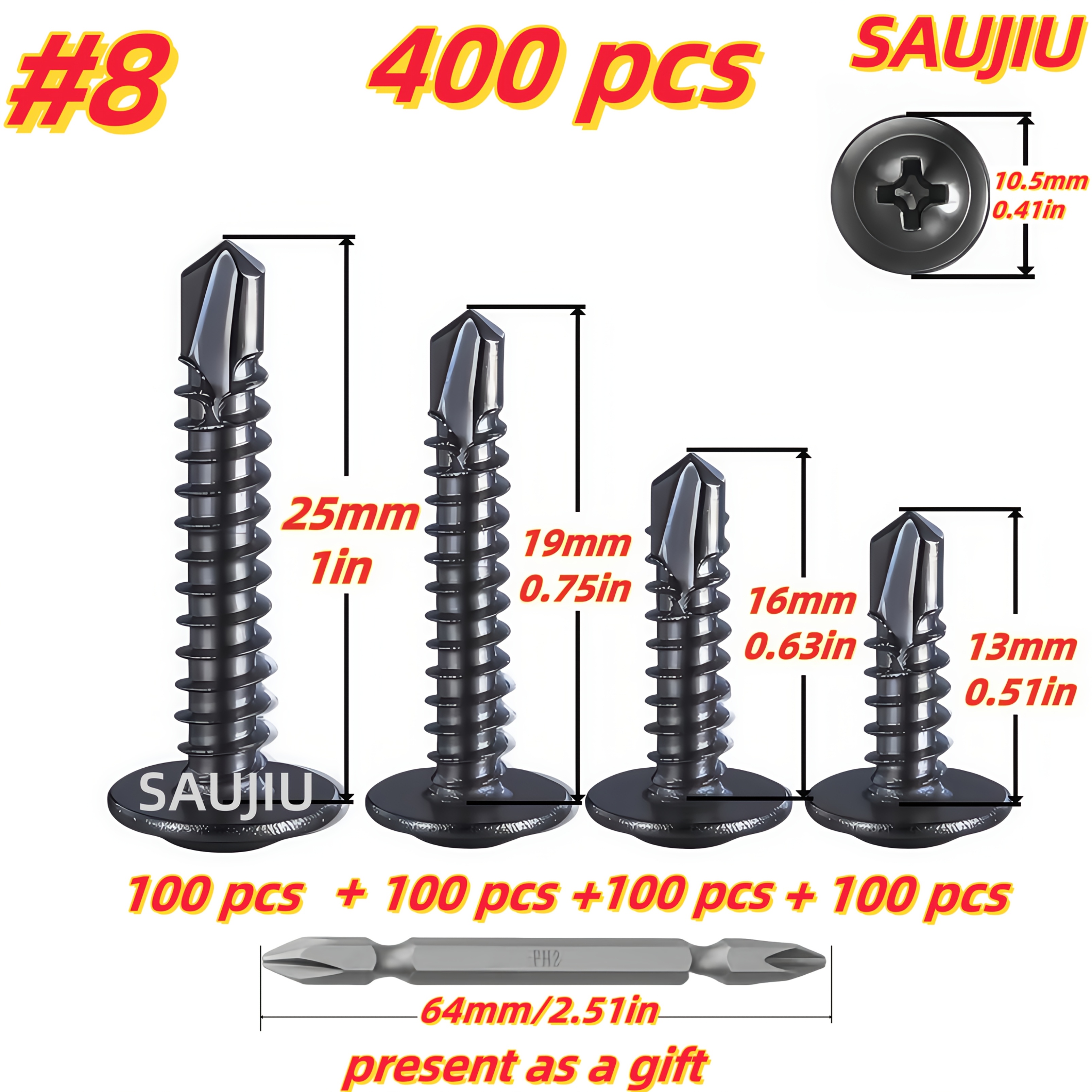 E-shop 400/200er-Pack Schwarze Selbstbohrende TEK-Schrauben - Kein Bohren Nötig! Rostfreier 410 Edelstahl mit Phillips-Kopf für DIY-Heimreparaturen,