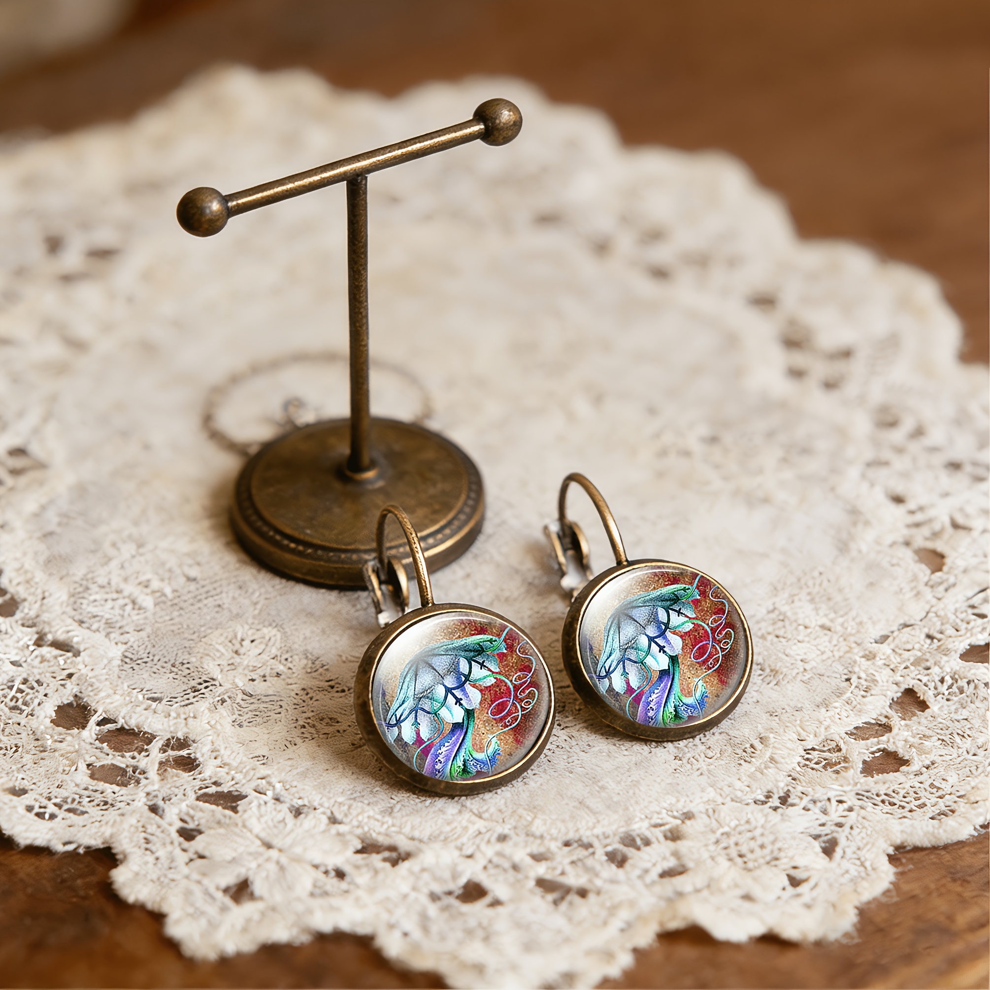 2pcs Set Antique Cyan Round Classical Earrings with Ear Hooks