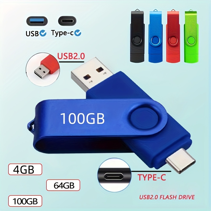 فلاش درايف USB C بسعة 100 جيجابايت / 64 جيجابايت / 4 جيجابايت، ذاكرة مزدوجة النوع C مع واجهة USB 2.0 عالية السرعة للذكريات والصور لأجهزة الأندرويد الذكية والأبلت