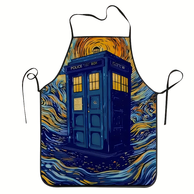 

1pc Men's Police Box Printed Apron, Large Size Waterproof Oil-proof Polyester 100% Woven Fabric, Fashionable Gardening Work Apron For Kitchen & Restaurant Use, 150 Gsm