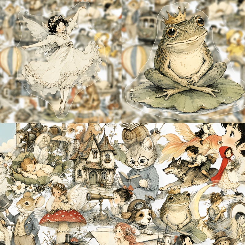 TEMU 50 Sheets Of Transparent Watercolor Ancient-style Folk Fairy Tale Stickers, Old Book Page Illustration Decorative Stickers, Suitable For Phone
