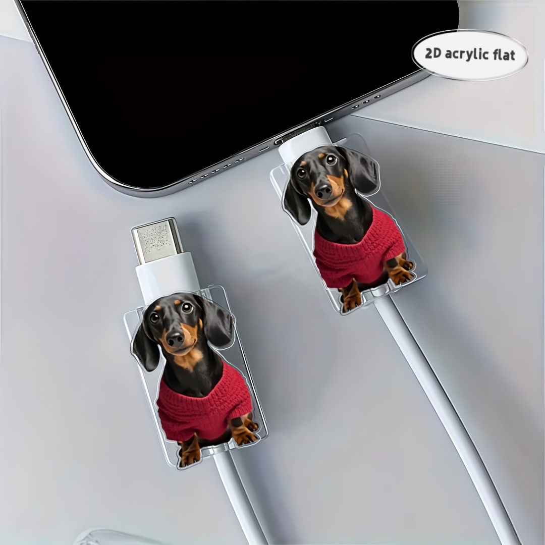 Image of 2d Flat 2pcs Dachshund Pattern Cable Protector For Sweaters, Anti-breakage Type-c/phone Charger Cord Cover, Stylish And Durable Christmas Gift, 2d Flat