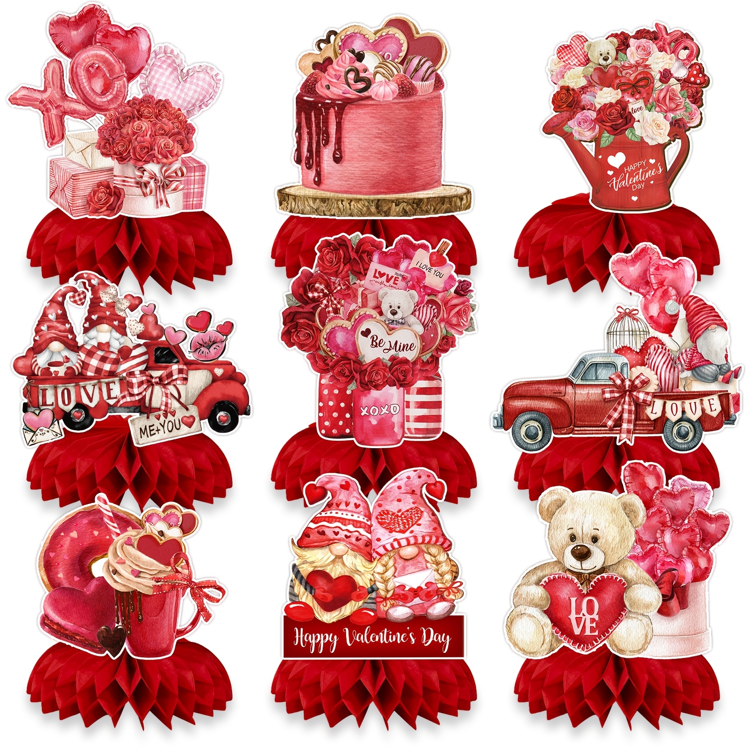 

9pcs Valentine's Day Honeycomb Centerpiece Decorations, Theme Paper Table Decor, For Anniversary, Bachelor Party, First Communion, Valentine's Day & More, With No Electricity Needed