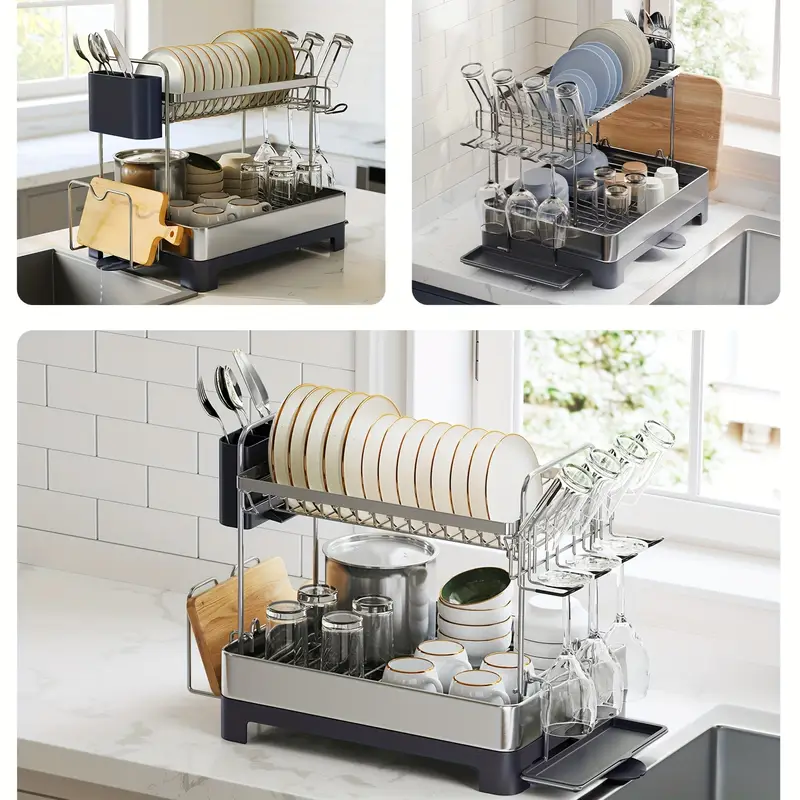 2 tier dish drying rack with rotatable drain spout kitchen counter dish rack with extendable drain spout dish drainer for utensils cups glasses cutting boards space saving and easy to assemble new year gift valentines day gift Product details 0