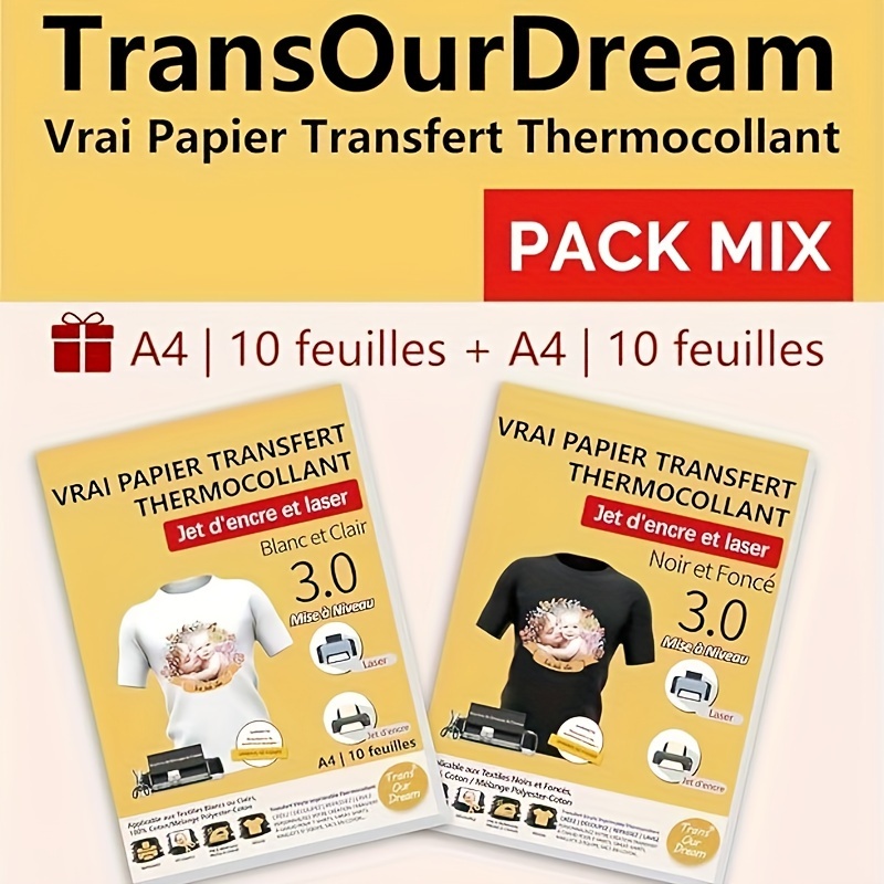 

TransOurDream Papier Transfert Textile 3.0 - Pack Mix (10 feuilles pour clair + 10 feuilles pour foncé), Vinyle HTV, Imprimantes jet d'encre et laser, Impression sans miroir