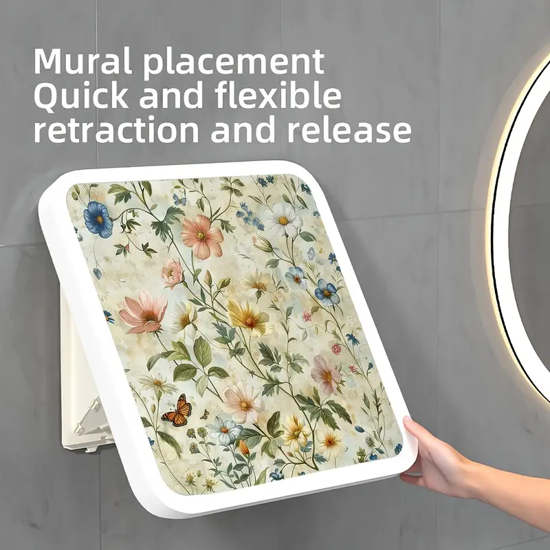 1pc vintage floral pattern mural storage shelf, bathroom hanging storage shelf, waterproof folding shelf, no toilet perforated wall mounted small locker, home organizing and storage, bathroom accessories, space saving details 5