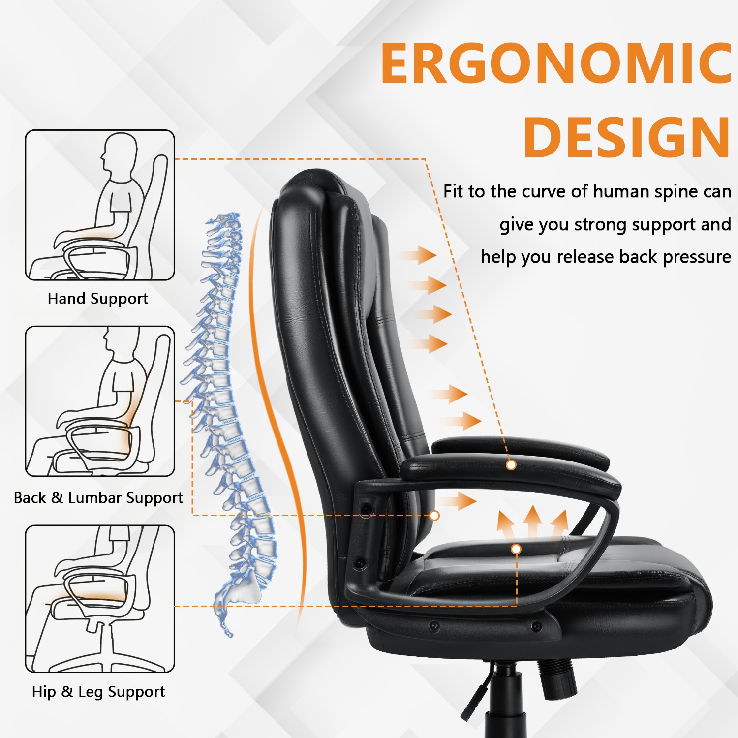 Home Office Desk Chair, 400LBS Big And Tall Computer Executive Chair, Ergonomic PU Leather Chairs with High Back Cushion, Adjustable Armrest &Lumbar Back Support, for Long Time Sitting
