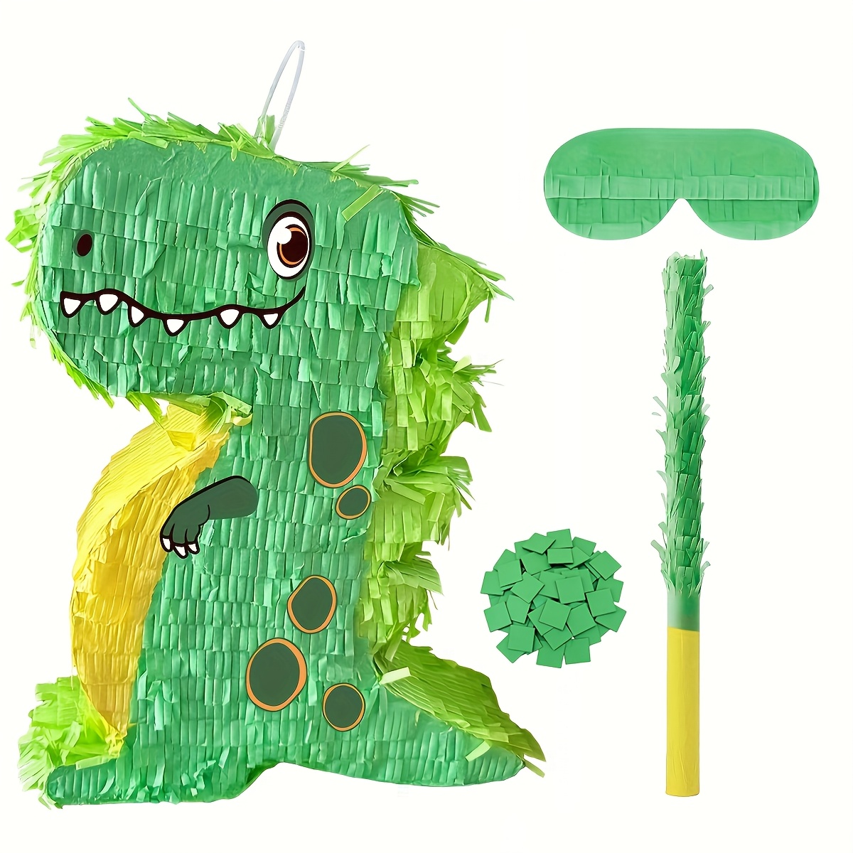 Image of 1 Set Of Green Dinosaur Pinata Cute Dinosaur Ornaments, Green Dinosaur Pinata Birthday Themed Party Pinata Decorations (including Hitting Stick, Eye Mask, 50g Paper Scraps)