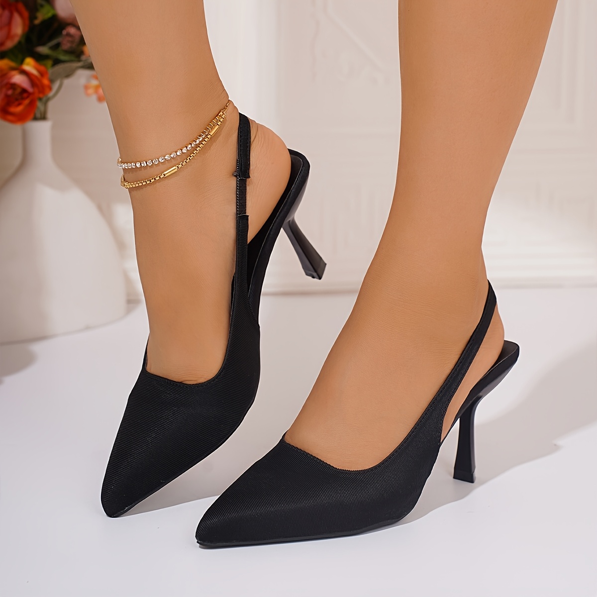 elegant black pointed toe stiletto heels women french style Temu