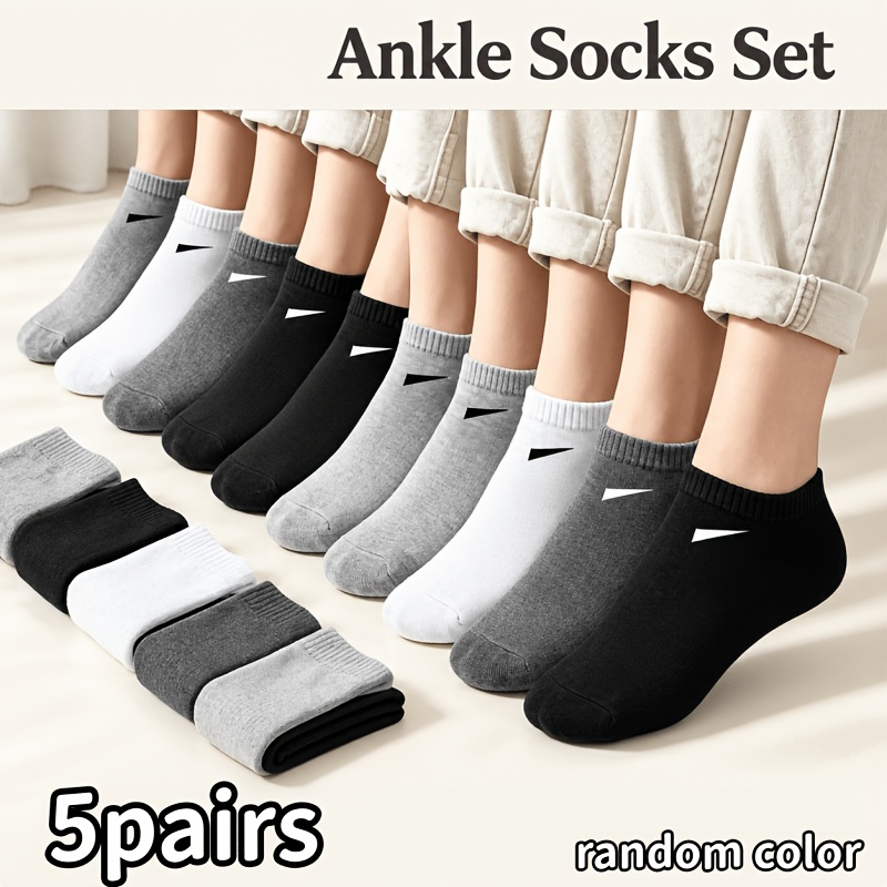 TEMU 5 Pairs Women' Short Socks Random Colors, Assortment Set, Unisex Style, Breathable Lightweight Invisible Casual Socks, Soft And Breathable