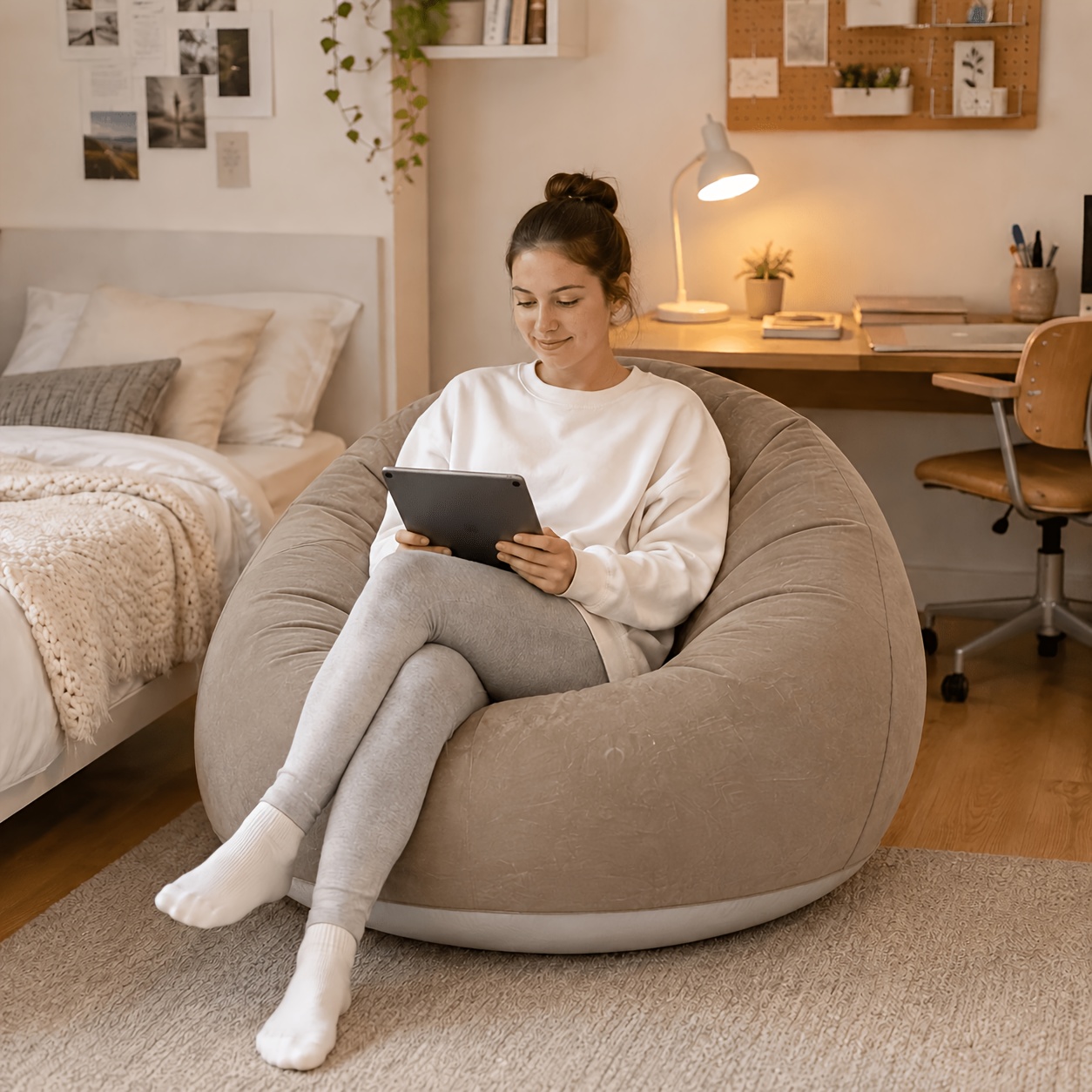 TEMU 2pcs Oversized Inflatable Lounge Chairs, Gray Flocked Pvc Lazy Sofa Set With Ergonomic Wraparound Design, Foldable Portable Seating For Couples,