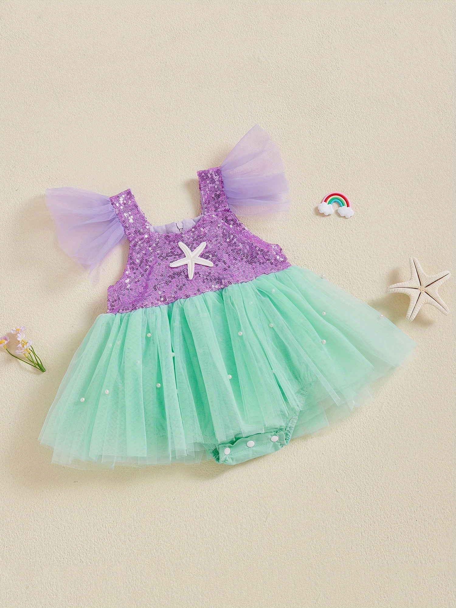 Baby Girls' Summer Sequin & Pearl Romper Dress - Purple Tulle Sleeves,  Square Neck, Mint Green Tutu Skirt, Glittery * Design, Machine Washable,