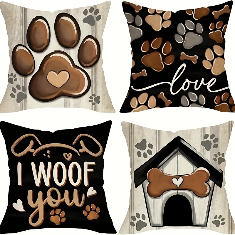 

4pcs Set Brown Animal Paw Print Polyester Throw Pillows, 18x18 Inches - Sofa, Bed, And Car Seats