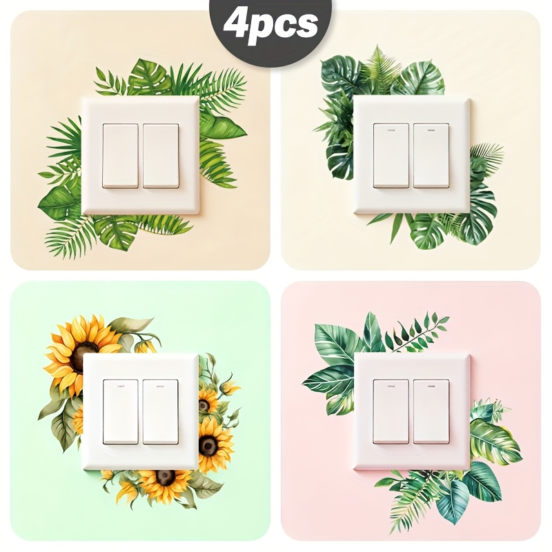 TEMU 4pcs Fresh Plant And Sunflower Switch Stickers | Self-adhesive, Removable Pvc Decorations For Home Wall Switches, Adds Natural Ambiance, Easy To