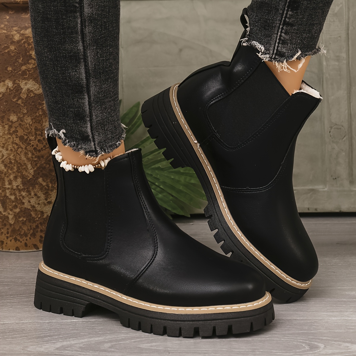 TEMU Women' Pu Cover Ankle Boots With Elastic Panels - Chunky Tpr Sole, Round Toe & Fabric Lined For , Style, Versatile Fashion Footwear, Sleek Side Zipper Boot, Durable Traction Footwear