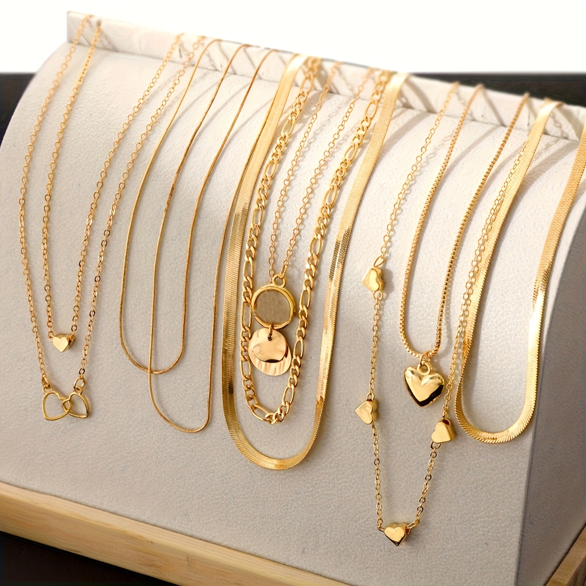 TEMU Set Of 10 Layered Necklaces Featuring Vintage Heart-shaped And Geometric Pendants, With Snake-shaped Chains Ideal For Everyday Use, Social