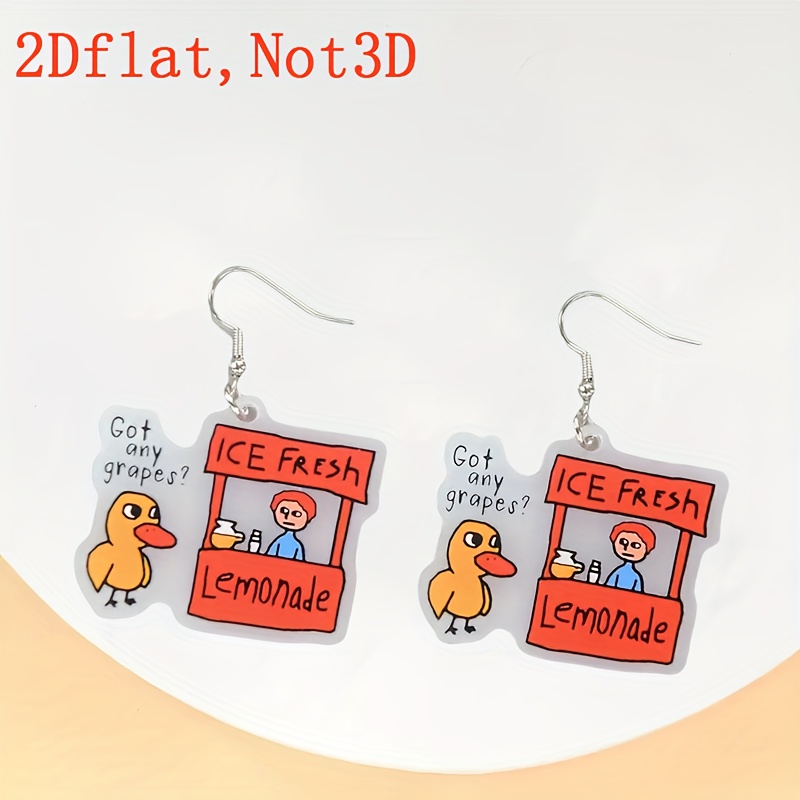 TEMU 2d Flat - 2d Fun Yellow Duck Acrylic Earrings - With " Have Grapes?" Design - Cute And Innovative Jewelry For Parties, Casual Wear, And Daily