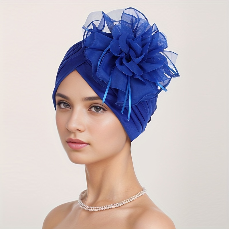 

Elegant Women's Chiffon Turban With Large Floral Side - Stretchy, Knit Head Wrap For Chemotherapy Patients