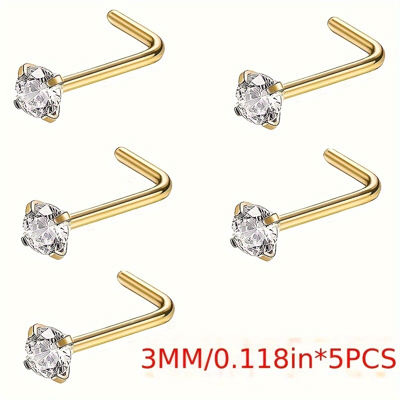 5pcs Nose Rings Studs Nose Nostrial Piercing Body Jewelry L Shaped Nose Studs 3mm Cz Nose Screw Studs Rings For Women Mother's Day Gift