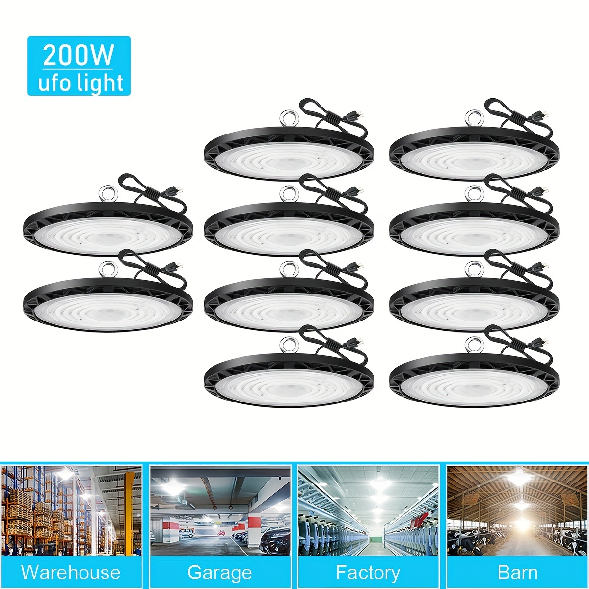 

10 Pack 200w Ufo Led High , 90-277v, 200 , Led Commercial Lighting Fixtures, Industrial Warehouse Workshop Garage Shop Factory , Cold White 6000k