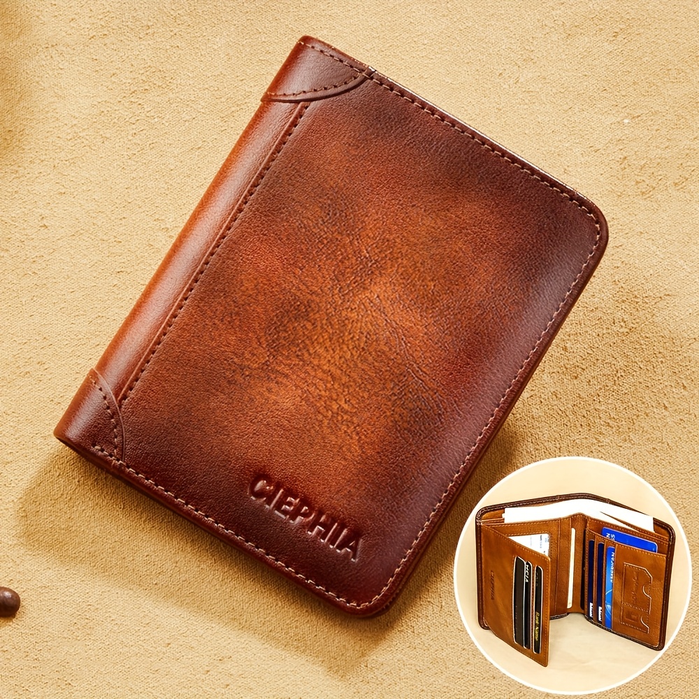 Rfid Leather Wallet - A Perfect Father's Day Present For Men, Featuring Rfid-blocking Technology, This Genuine Leather Trifold Wallet From Top-layer Cowhide. It Serves As A Vintage-style