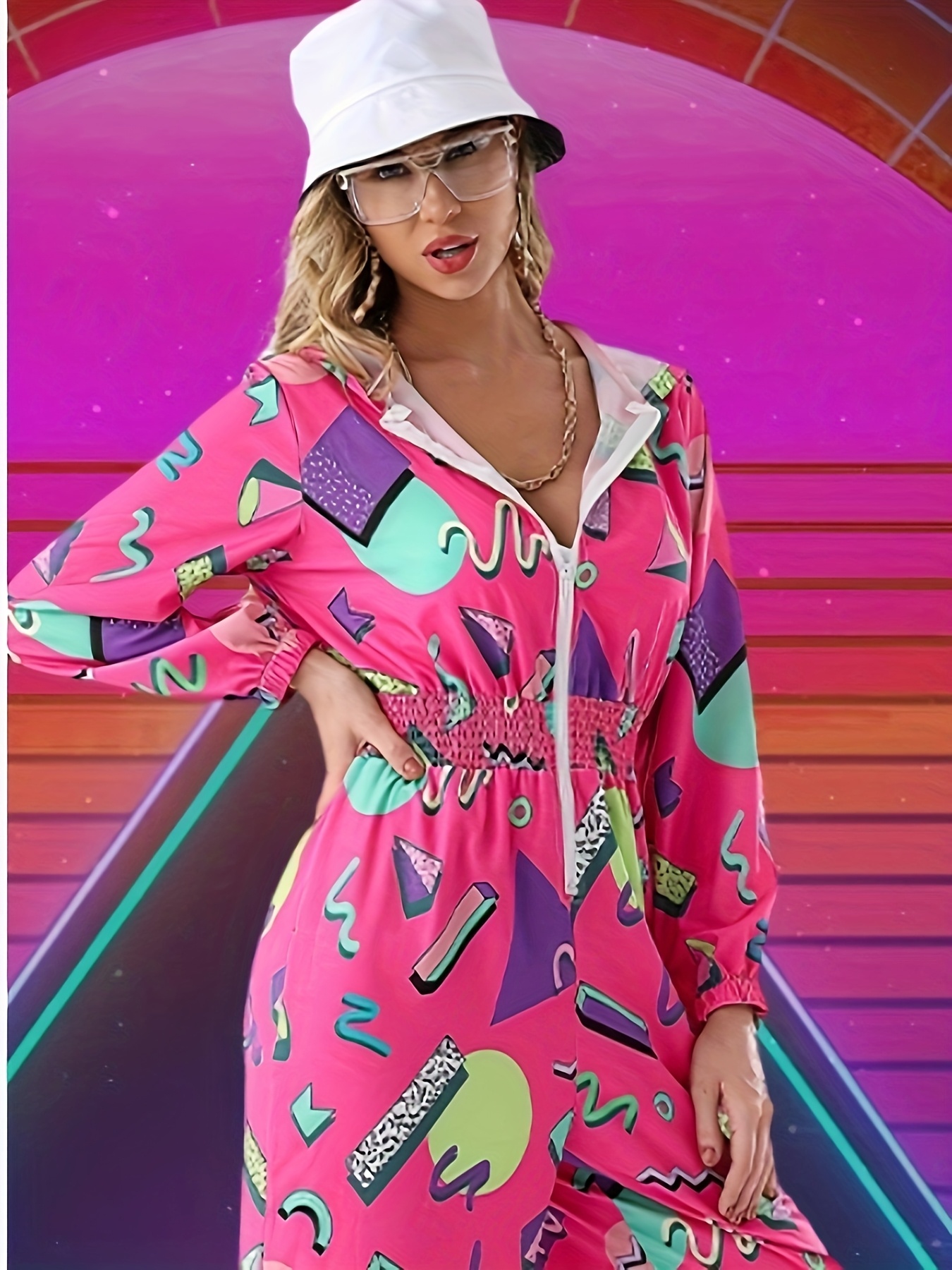 womens 80s 90s retro hooded jumpsuit windproof hip hop style