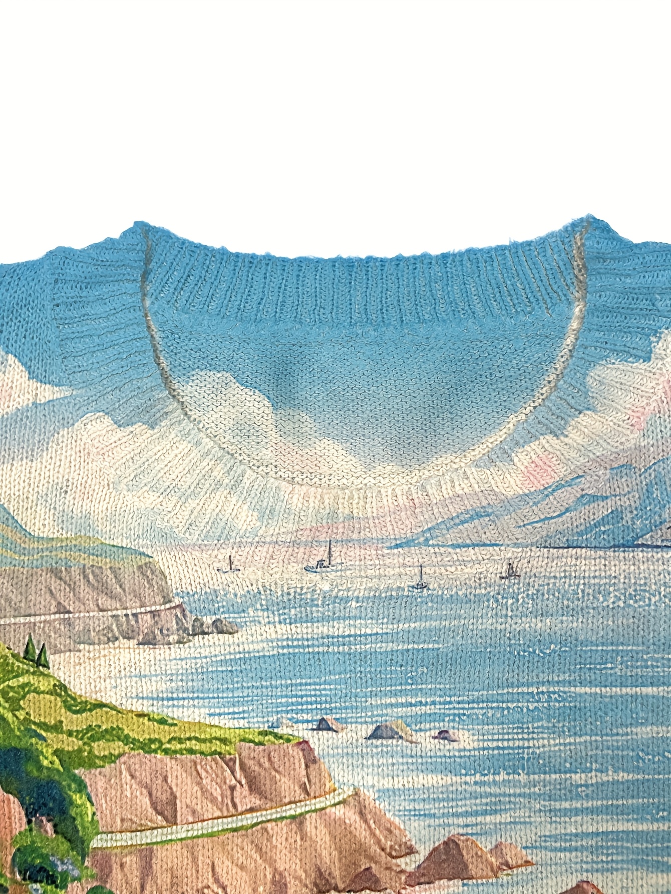 [* Print] [Thin] n[Sweater] Print landscape print Pattern Thin, Casual  Crew Neck Short Sleeve Sweater, Women's Clothing, Suitable for