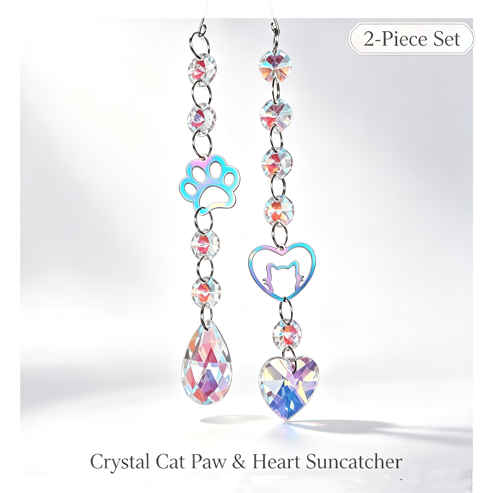 TEMU 2pcs/set Iridescent Laser Cat Paw Heart-shaped Catcher Window Or Garden Light Hanging Decoration, Sunlight Colorful Wind Chime Outdoor