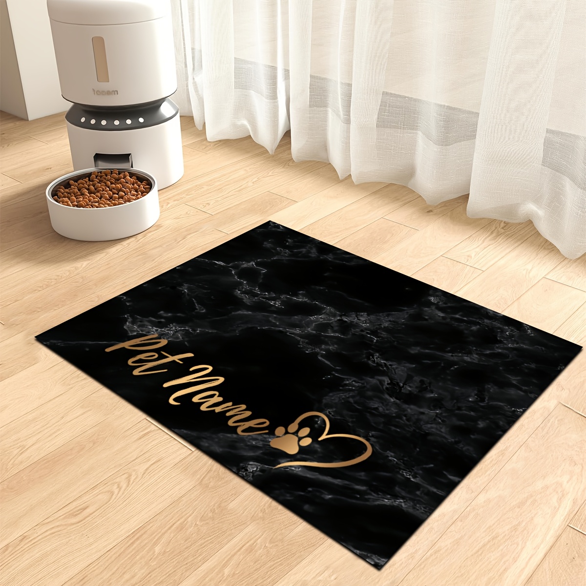 TEMU (customizable) 1pc, Customizable Name/slogan Pet Feeding Mat, Black Veined Faux Marble Heart Paw Print Pattern Print, Dog Feeding Mat, Pet
