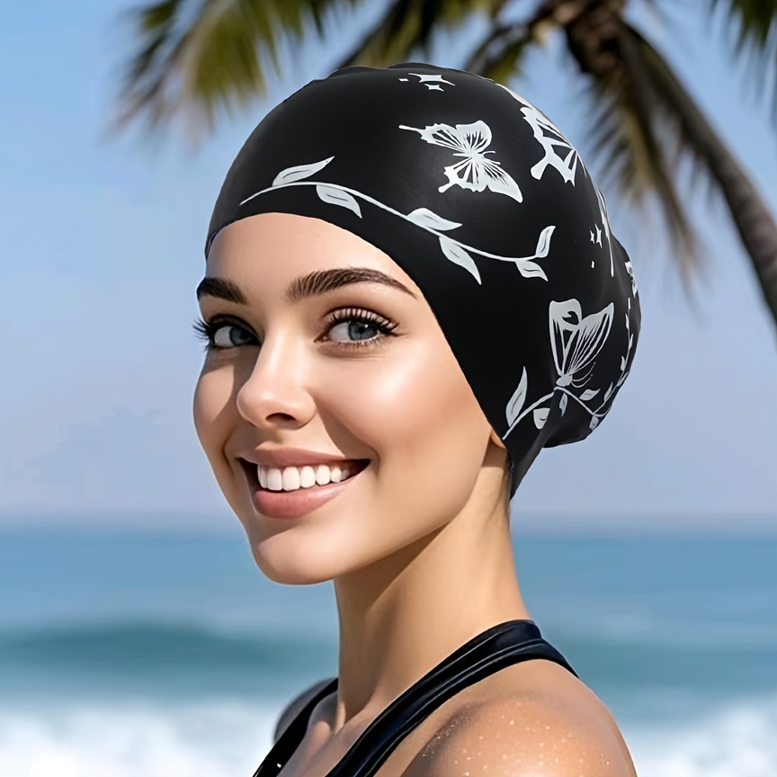TEMU Women's Pattern Silicone Swim Cap - Waterproof Non-slip Hair Protective Swim Cap, Durable Comfortable Shower Cap Hairstyle Unchanged For