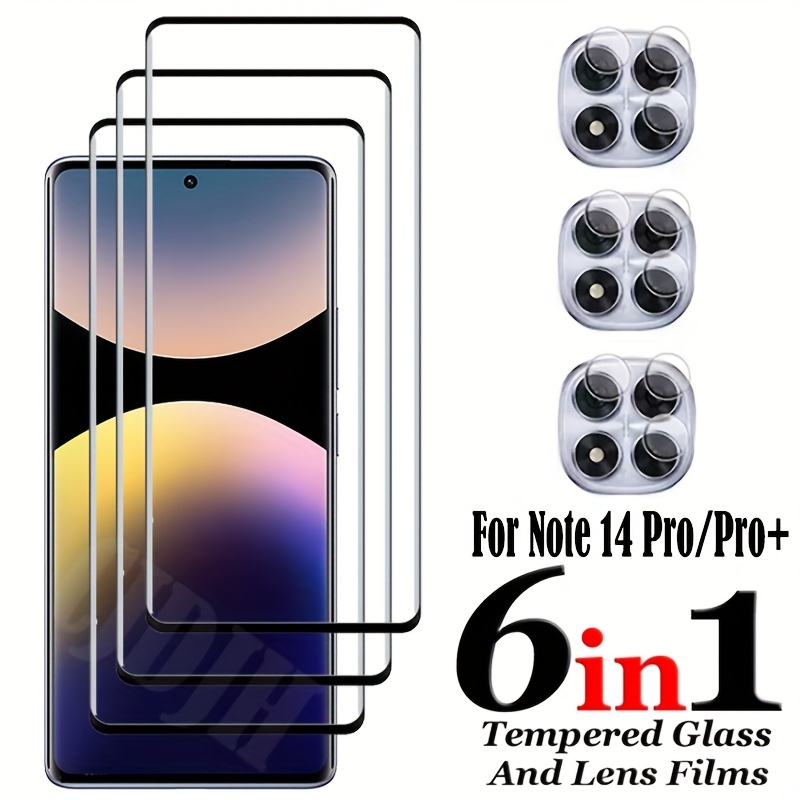 E-shop 6-in-1 3+3 Gebogene Panzerglas Schutzfolie 3 Stück für Xiaomi Redmi Note 14 Pro 4G 5G Note 14 Pro+ 3 Stück Kameralinsen Film Schutzfolie POCO X7