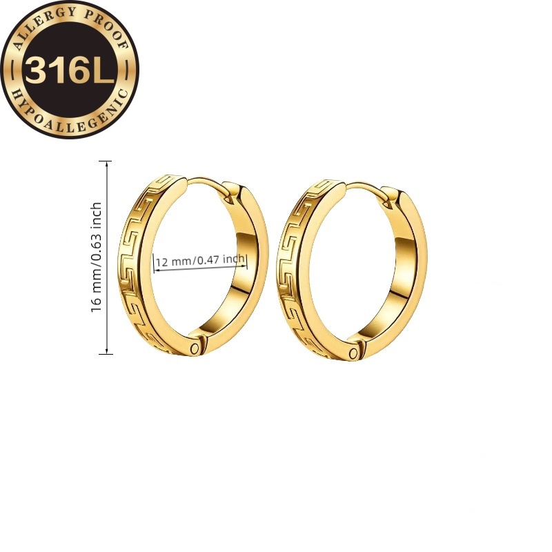 E-shop Hochwertige, hypoallergene goldene Ohrringe aus Edelstahl. Quadratisches, flaches Großwall-Muster, hochwertige, flache Ohrreifen mit Bordüren,