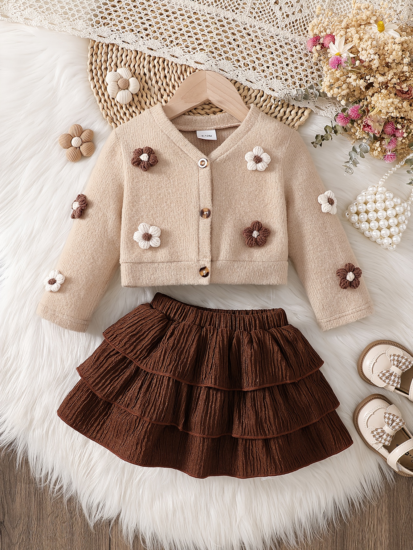 autumn and winter elegant outfit for girls featuring a sweet cardigan with a round neck and long sleeves decorated with three dimensional flowers   girls for outdoor Product details 2