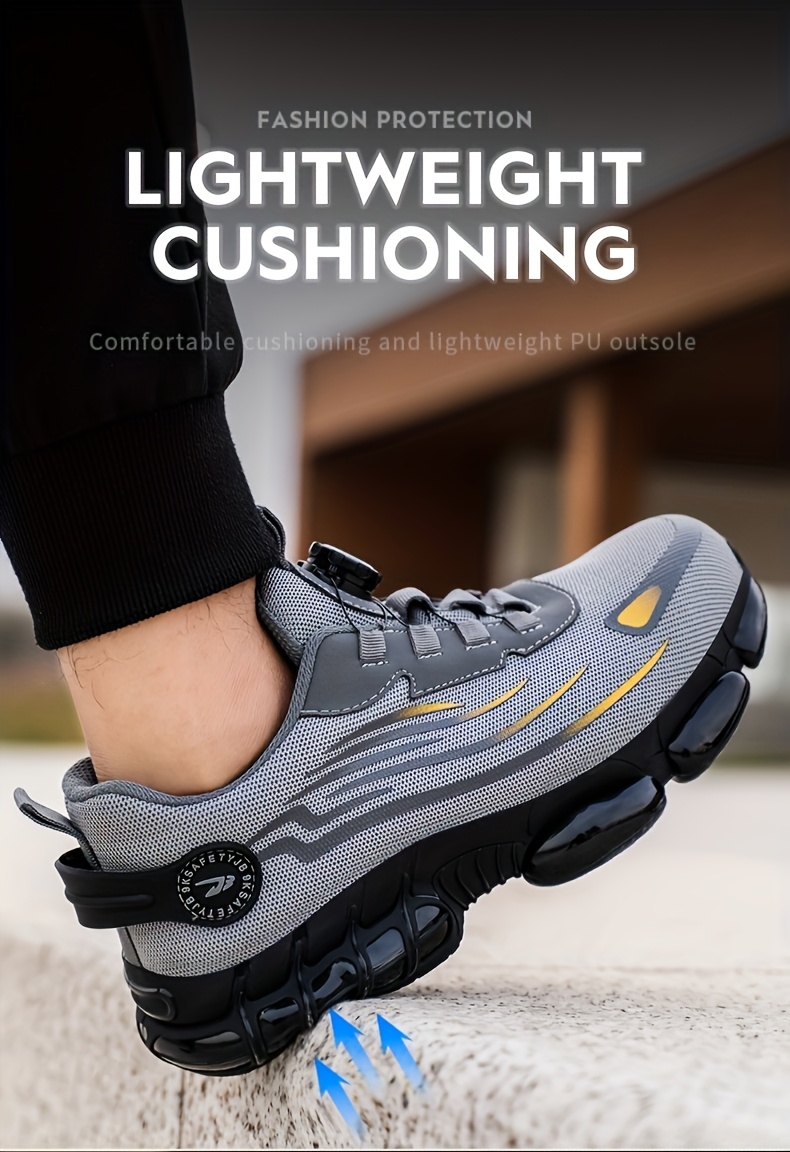 Men's Anti-Smashing Anti-Puncture Safety Work Shoes - Breathable Lace-Free Elastic Closure, Soft PU Sole with Metal Toe Cap, Retro Striped Design for Hiking, Outdoor & Daily Wear, Hiking Boots